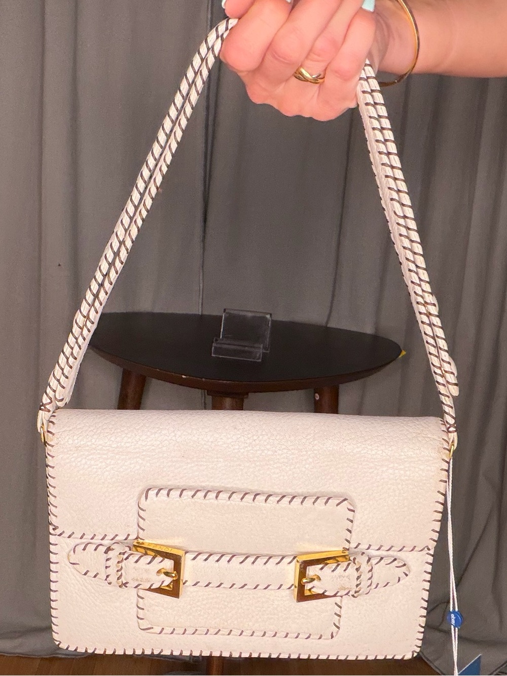 Fendi baguette style Selleria Leather Whipstitch adjustable strap Bag White